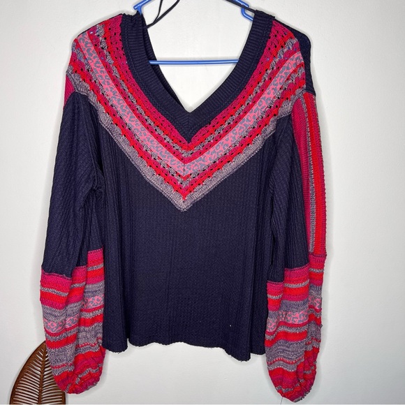 FREE PEOPLE Navy Blue Thermal Long Sleeve V-Neck Sweater - Picture 5 of 11